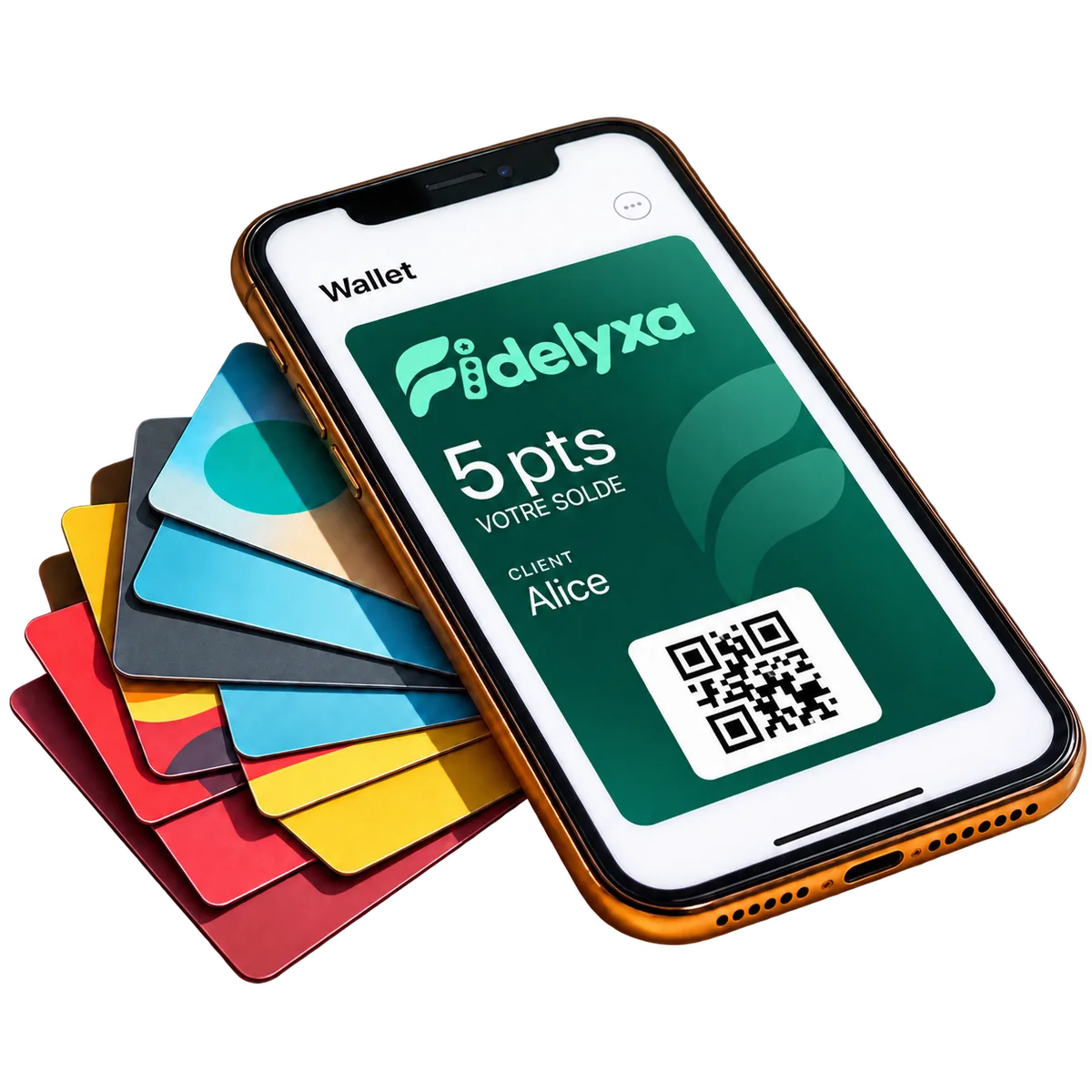 Smartphone doré affichant une carte Fidelyxa dans Wallet
